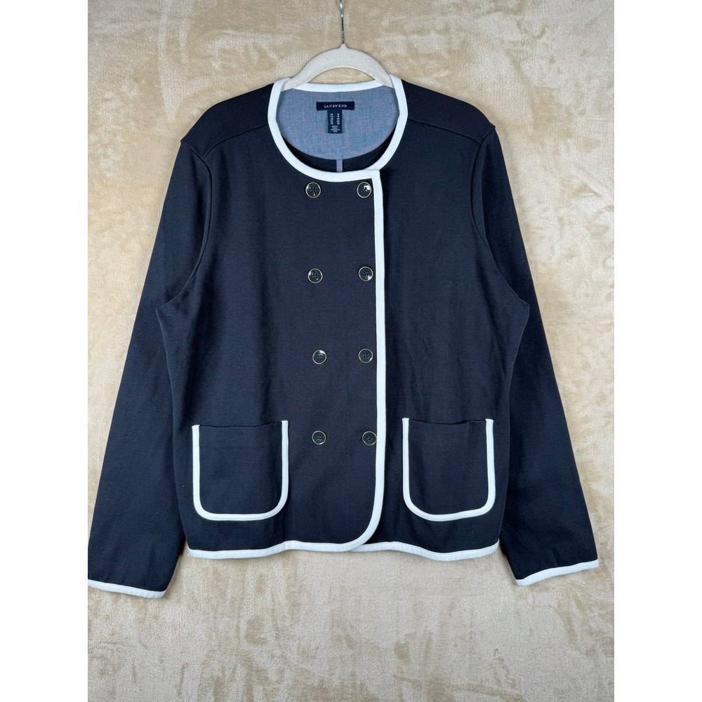 Lands' End Womens Size 18 Black White Trim Double Breasted Cotton Knit Blazer
